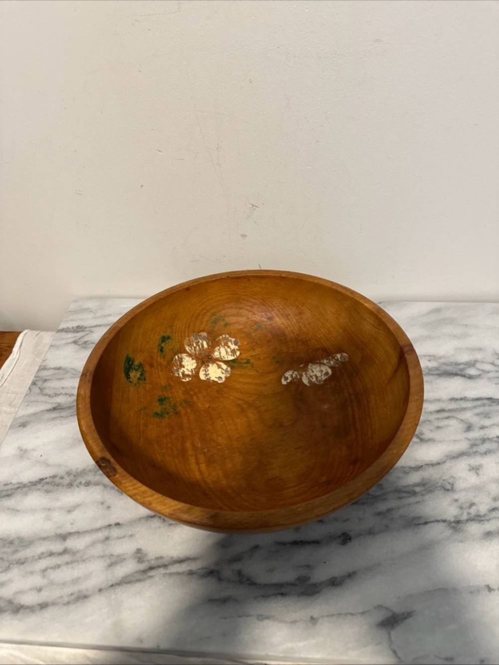 Vintage Wooden Serving Bowl in Warm Brown with Floral Accent